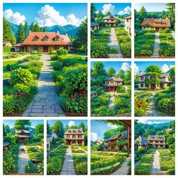 House Diamond Mosaic Cross Stitch Garden Landscape Painting Kits Full Square Round Embroidery Handmade Gift Full Round 20x30CM