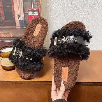 Домашние тапочки на платформе Роскошные шлепанцы Тапочки женские Меховые шлепанцы Дизайнер 2024 Мягкие плюшевые модные домашние тапочки на платформе 35 чёрный
