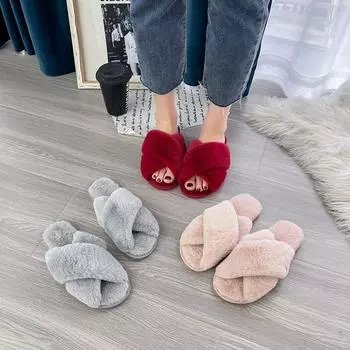 House Slippers Winter Women Faux Fur Fashion Warm Shoes Woman Slip on Flats Female Slides Black Pink cozy home furry slippers 36-37 чёрный