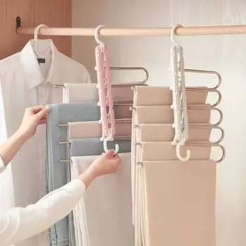 Household Multi-layer Rack Multifunctional Folding Pants Rack Wardrobe Stainless Steel Hanger Non-slip Pants Telescopic Storage синий