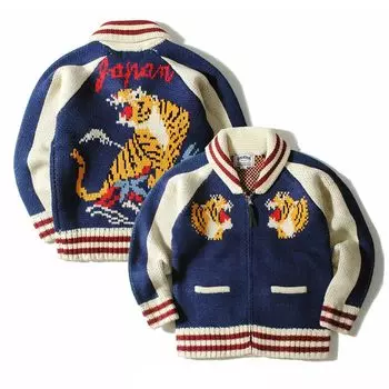 HOUSTON Хьюстон Cowichan вязаный свитер COWICHAN СВИТЕР TIGER Тигровый кардиган Sukajan Vintage 22234 синий