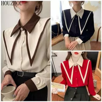 HOUZHOU элегантная красная рубашка на пуговицах, женская блузка с отложным воротником, большие корейские модные повседневные офисные женские блузки S красный