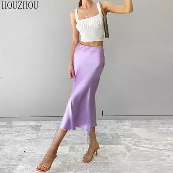 HOUZHOU атласная шелковая юбка женская однотонная фиолетовая летняя юбка миди с высокой талией элегантная шикарная офисная женская одежда тренд S фиолетовый