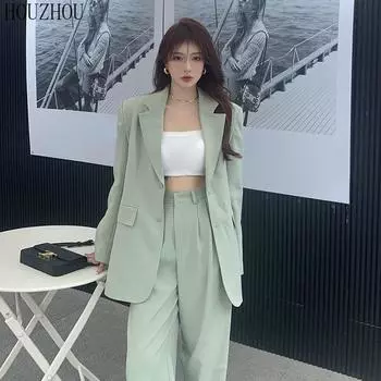 HOUZHOU базовые костюмы женские винтажные элегантные офисные деловые корейские свободные зеленые брюки с высокой талией и широкими штанинами S зелёный