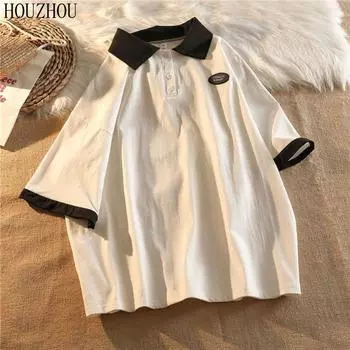 HOUZHOU белая футболка-поло женская оверсайз летняя с короткими рукавами свободная шикарная винтажная тенденция для девочек S