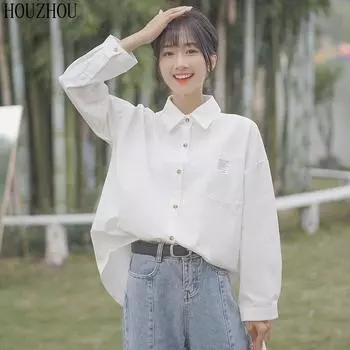 HOUZHOU белая рубашка женская с карманом и длинным рукавом размера плюс для студентов, милая корейская шикарная классика S белый