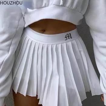 HOUZHOU белая теннисная мини-юбка женская летняя вышитая черная повседневная плиссированная короткая базовая шикарная спортивная одежда S чёрный