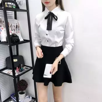 HOUZHOU белые рубашки женские с галстуком-бабочкой на пуговицах в корейском стиле с длинными рукавами, офисные женские базовые топы большого размера S белый