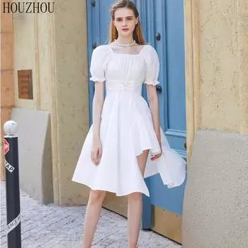 HOUZHOU Белый сарафан женское платье миди элегантное винтажное милое бандажное платье с квадратным воротником и пышными рукавами S белый