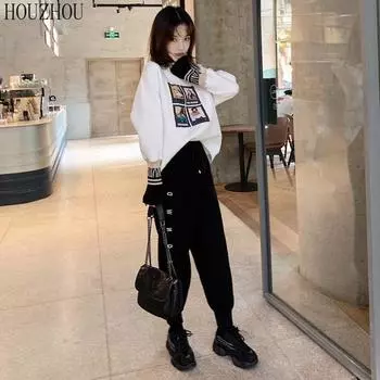 HOUZHOU Большие размеры Брюки-джоггеры Женские шаровары Свободные брюки с высокой талией и принтом Корейский шикарный повседневный стиль L чёрный