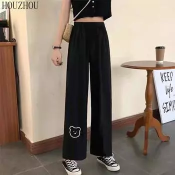 HOUZHOU брюки с рисунком медведя, женские кавайные студенческие корейские широкие брюки, черные повседневные зимние теплые брюки большого размера S чёрный