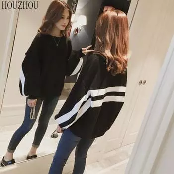 HOUZHOU черная полосатая толстовка женская с круглым вырезом с рукавами-фонариками в Корейском стиле шикарная свободная толстовка оверсайз S чёрный