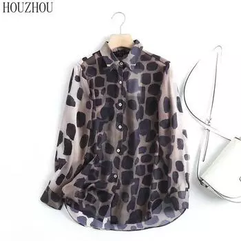 HOUZHOU черная пятнистая рубашка с принтом, женская французская винтажная элегантная классическая повседневная рубашка на пуговицах, офисные женские деловые топы S чёрный