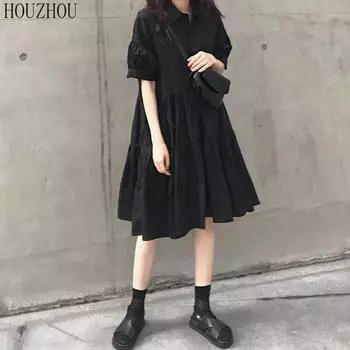 HOUZHOU черное платье-рубашка для девочек, летнее милое французское элегантное элегантное платье в стиле ретро с короткими рукавами-фонариками, классическое базовое платье больших размеров M чёрный
