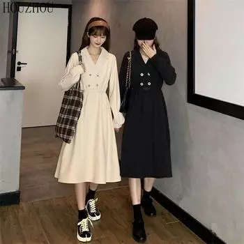 HOUZHOU черный костюм платье женское платье миди размера плюс с v-образным вырезом корейские элегантные шикарные офисные женские повседневные топы S белый