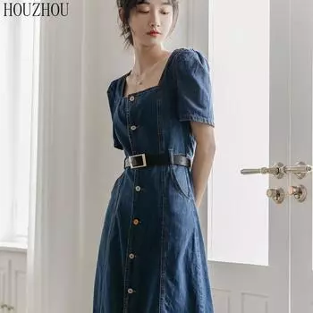 HOUZHOU Джинсовое платье женское летнее синее корейское элегантное повседневное шикарное тонкое платье миди с пышными рукавами и поясом