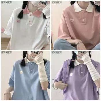 HOUZHOU футболка-поло для девочек, летняя японская милая футболка с принтом медведя и вышивкой, свободная, с короткими рукавами, в консервативном стиле S розовый