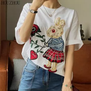 HOUZHOU футболка с вышивкой кролика женская хлопковая корейская ретро повседневная милая кавайная летняя свободная шикарная футболка большого размера S белый