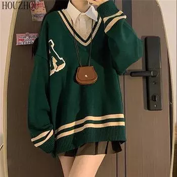 HOUZHOU Harajuku свитер женский Y2k консервативный стиль корейский винтажный джемпер с v-образным вырезом уличная одежда большого размера шикарный повседневный пуловер S синий