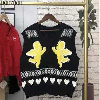 HOUZHOU хлопковые вязаные женские топы с v-образным вырезом в форме сердца и принтом Vinatge, свободные лоскутные топы с цветными блоками, милые повседневные шикарные теплые топы S чёрный