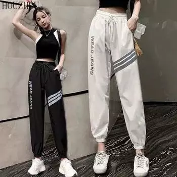 HOUZHOU Ins спортивные штаны женские брюки харлан корейские шикарные брюки для бега свободные большие размеры Harajuku Bf повседневные S чёрный