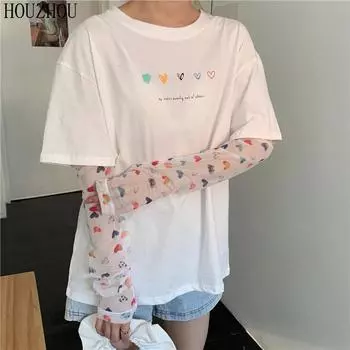 HOUZHOU искусственная футболка из двух предметов, женский хлопковый милый корейский пуловер с принтом любви, шикарный длинный рукав Kawaii M чёрный