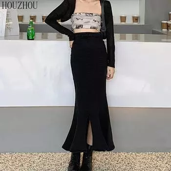 HOUZHOU Юбка «рыбий хвост», женская джинсовая черная юбка с высокой талией в Корейском стиле, ретро, классическая, шикарная, элегантная, тонкая, с запахом, юбка с разрезом, трендовая S чёрный