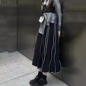 HOUZHOU Юбка-зонтик Женская длинная юбка с высокой талией Черная юбка-миди Корейская повседневная шикарная юбка