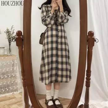 HOUZHOU клетчатое платье женское шикарное французское ретро повседневное шикарное элегантное платье-рубашка миди с длинными рукавами негабаритная студенческая одежда