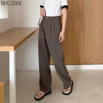 HOUZHOU костюм брюки женские драпированные весенние брюки с высокой талией повседневные свободные офисные женские классические широкие брюки S чёрный