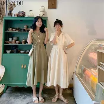 HOUZHOU костюм платье женское летнее платье миди корейское элегантное шикарное свободное платье трапециевидной формы с короткими рукавами S чёрный