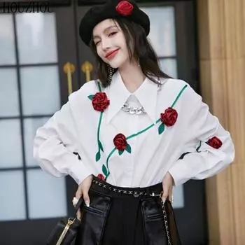 HOUZHOU красная роза с цветочным принтом рубашка женская французская винтажная элегантная блузка с острым воротником свободные осенние повседневные топы с длинными рукавами на пуговицах и длинными рукавами M белый