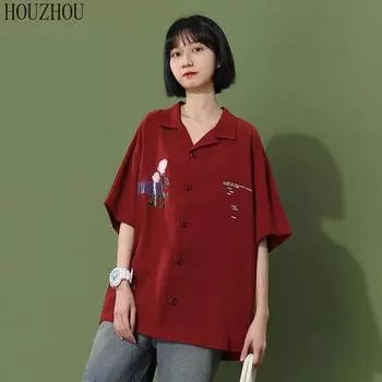 HOUZHOU красная рубашка с принтом, женская милая корейская шикарная рубашка с отложным воротником и коротким рукавом, свободная уличная одежда большого размера, тренд S чёрный