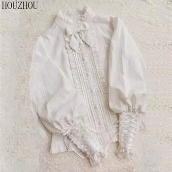 HOUZHOU кружевная белая рубашка женская в стиле Лолиты милые блузки с рукавами Gigot в японском стиле с длинными рукавами и рюшами плиссированная одежда Kawaii S белый