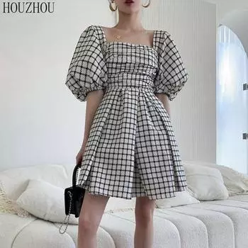 HOUZHOU Кукольное платье женское летнее трапециевидное платье в клетку с квадратным воротником с пышными рукавами принцесса французская элегантная шикарная одежда