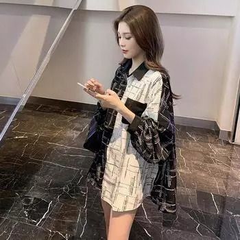 HOUZHOU Лоскутная рубашка женская с длинным рукавом однобортная плюс размер Повседневная корейский стиль шикарная S чёрный