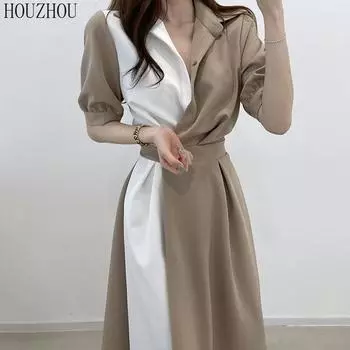 HOUZHOU лоскутное платье-рубашка женское летнее с коротким рукавом шикарное классическое базовое офисное женское французское винтажное платье миди S темно-синий