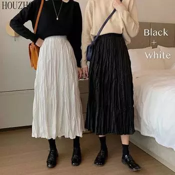 HOUZHOU миди плиссированная юбка женская трапециевидной формы осенняя однотонная с высокой талией тонкая студенческая корейская повседневная базовая классическая черно-белая юбка S белый