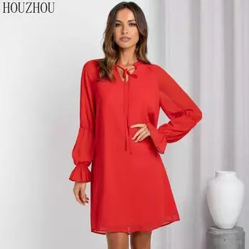 HOUZHOU, однотонное платье на шнуровке, женское французское элегантное шикарное свободное офисное платье с длинными рукавами, классическое базовое платье миди, трендовое S красный