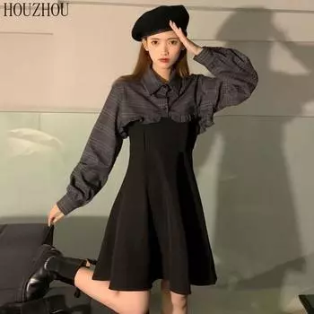 HOUZHOU платье костюм женский клетчатый принт французский ретро элегантное шикарное мини-платье одежда большого размера S чёрный