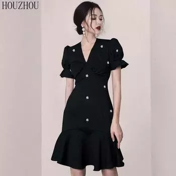 HOUZHOU Платье-рыбий хвост, женское черное платье миди с v-образным вырезом и короткими рукавами, летнее винтажное французское элегантное платье с высокой талией, милая шикарная классика для девочек S чёрный