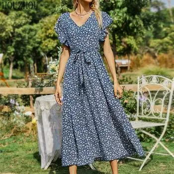 HOUZHOU Платье с цветочным принтом, женское платье трапециевидной формы с v-образным вырезом и рюшами на рукавах, французское винтажное шикарное элегантное свободное платье миди, тренд S синий