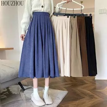 HOUZHOU плиссированная юбка женская с высокой талией корейская винтажная однотонная шикарная элегантная юбка миди в студенческом стиле осенне-зимние юбки трапециевидной формы S синий