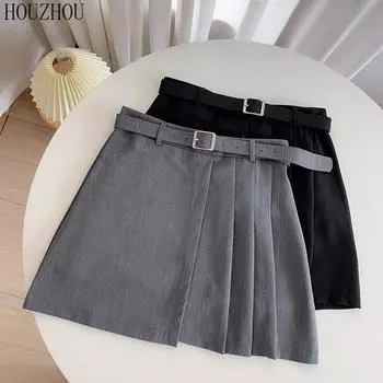 HOUZHOU плиссированный костюм, юбка с поясом, женская корейская винтажная элегантная офисная женская классическая базовая мини-юбка трапециевидной формы с высокой талией, шикарная S чёрный