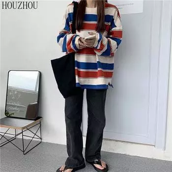 HOUZHOU полосатая футболка оверсайз женская весна с круглым вырезом студенческая корейская свободная Harajuku Ins повседневные шикарные топы L красный