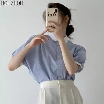 HOUZHOU полосатая рубашка женская корейская элегантная классическая базовая шикарная рубашка с отложным воротником с пышными рукавами офисная женская тенденция S синий