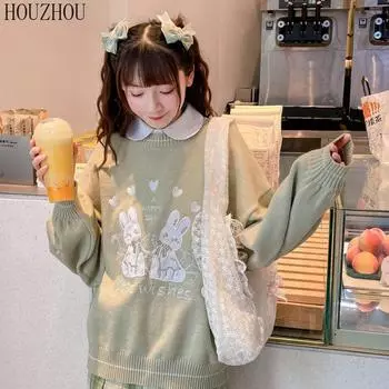 HOUZHOU принт кролика Jk свитер женский корейский вышитый повседневный зимний теплый Kawaii круглый вырез в студенческом стиле пуловер с рукавами-фонариками шикарный S зелёный