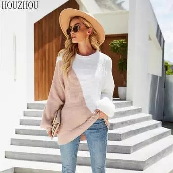 HOUZHOU рубашка «летучая мышь» вязаный свитер женский осенний французский Vinatge Chic элегантный классический круглый вырез зимний теплый лоскутный тренд большого размера S