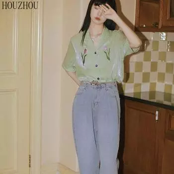 HOUZHOU рубашка с цветочной вышивкой женская французская винтажная элегантная классическая летняя рубашка в стиле ретро с отложным воротником и коротким рукавом S зелёный