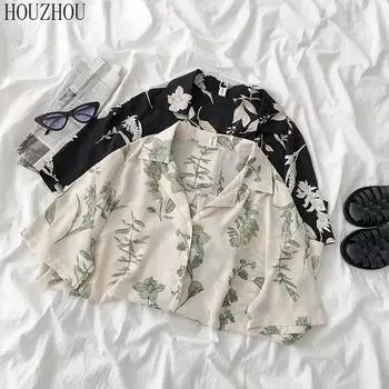 HOUZHOU рубашка с цветочным принтом, женская шифоновая винтажная рубашка с коротким рукавом, элегантная пляжная уличная одежда, шикарная женская рубашка большого размера M белый